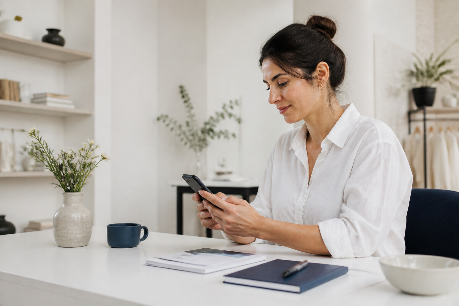 Una professionista consulta i messaggi della sua attività